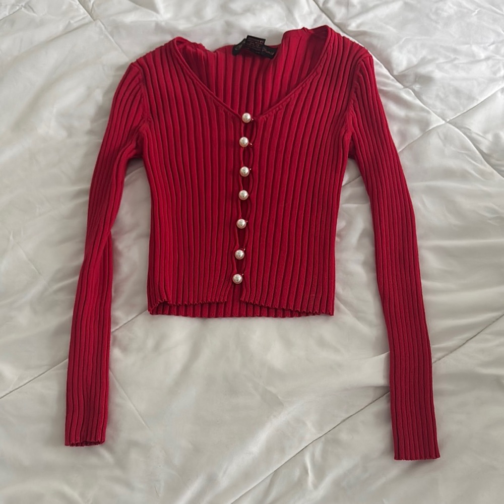 Red Cut Out Pearl Ribbed Long Sleeve Blouse